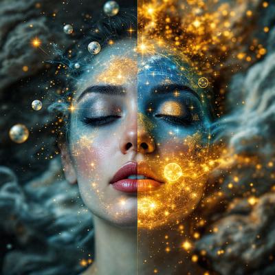 The primary subject of the image is a woman with a blue and yellow face. She is lying down and appears to be sleeping. The setting is a space with a backdrop of stars, creating a celestial atmosphere. The visual style is a combination of photo and digital art, giving the image a unique and artistic appearance. The dominant colors are blue and yellow, which are used to create the woman's face and the starry background. The overall mood of the image is serene and peaceful, as the woman appears